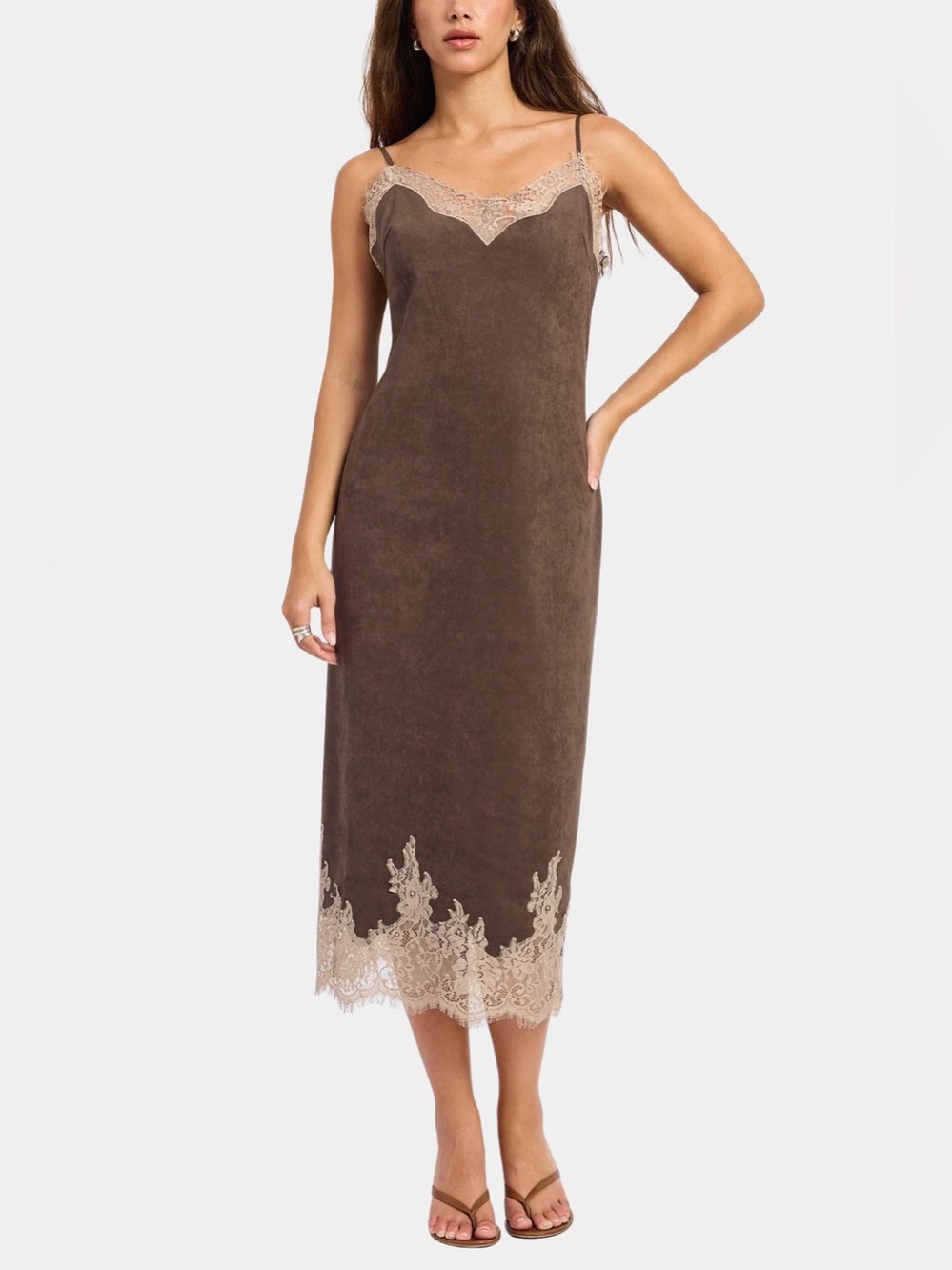 Lace-Trim espresso suede Dress in Brown